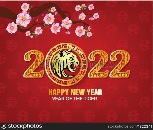 Chinese new year 2022 year of the tiger red and gold flower and asian elements paper cut with craft style on background.( translation : chinese new year 2022, year of tiger )