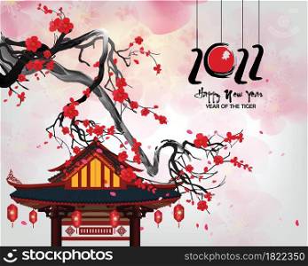 Chinese new year 2022 year of the tiger red and gold flower and asian elements paper cut with craft style on background.( translation : chinese new year 2022, year of tiger )