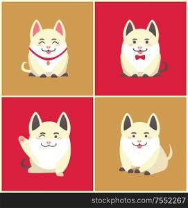 Chinese New Year animal pet pig animal in collar vector. Pig pretending to be puppy wearing bow on neck, domesticated canine holiday celebration set. Chinese New Year Animal Pet Pig Animal in Collar