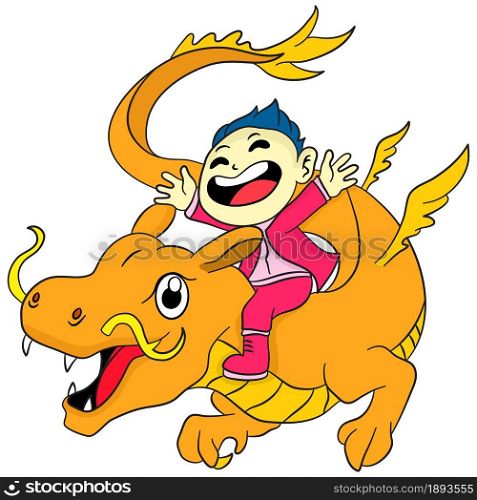 Chinese new year anniversary, boy rides a flying dragon. cartoon illustration cute sticker