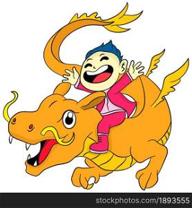Chinese new year anniversary, boy rides a flying dragon. cartoon illustration cute sticker