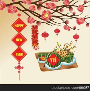 "Chinese new year background blooming sakura branches, Vietnamese new year. (Translation "tet": Lunar new year) "