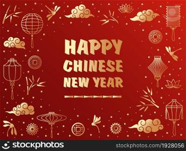 Chinese new year background. Graphic asian red and gold poster, traditional elements banners. China lantern and oriental clouds swanky vector design. Illustration of chinese celebration background. Chinese new year background. Graphic asian red and gold poster, traditional elements banners. China lantern and oriental clouds swanky vector design