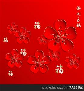 Chinese New Year Background.Translation of Chinese Calligraphy &quot;????-Mei Kai Wu Fu&quot; means Plum Blossom has five petals, it symbolizes: Delight, Happiness, Longevity, Smoothes and Peace. &quot;?-Fu&quot; means good fortune or happiness.