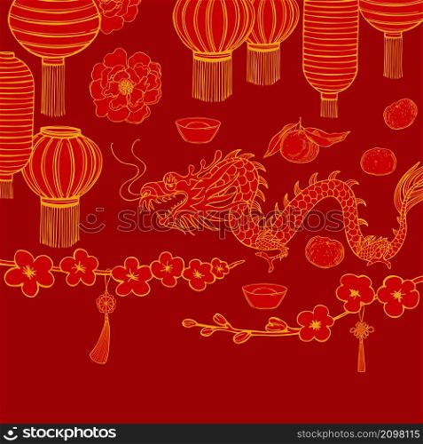 Chinese New Year background. Vector sketch illustration.. Chinese New Year background.