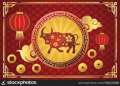 Chinese new year card with bull and flowers illustration.
