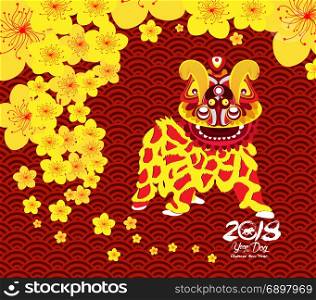 Chinese New Year card with plum blossom and lion dance in traditional chinese background