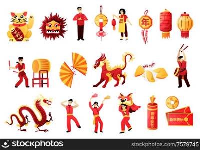 Chinese new year celebration icons set with traditional symbols rituals costumes colors red lantern fire dragon vector illustration