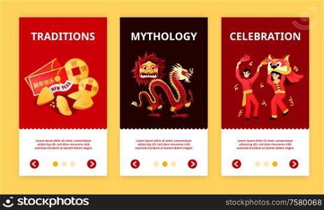 Chinese new year celebration traditions mythology 3 colorful vertical banners with dragon red envelopes mask vector illustration