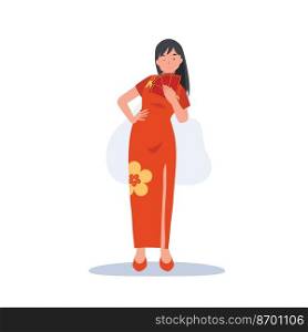 Chinese New Year concept. Woman in chinese traditional dress holding red envelope. Flat vector cartoon character illustration.