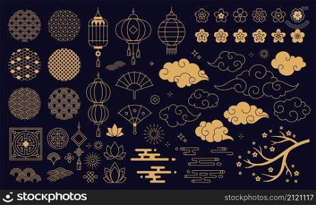 Chinese new year decoration elements, clouds and festive lanterns. Traditional asian patterns and ornaments, sakura flowers vector set. Floral lotus blossom, decorative fans isolated on dark. Chinese new year decoration elements, clouds and festive lanterns. Traditional asian patterns and ornaments, sakura flowers vector set