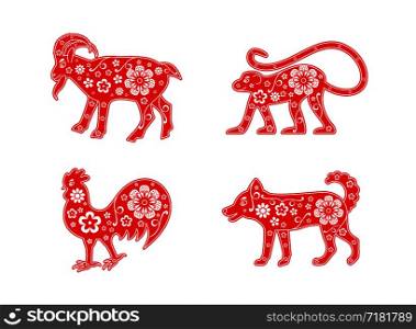 Chinese New Year design template. Goat, monkey, rooster and dog. Red pattern. Zodiac signs. Abstract flower texture. Horoscope symbol