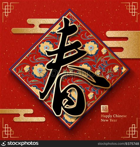 Chinese new year design, vintage spring word written in Chinese calligraphy on the floral spring couplet with golden cloud pattern, fortune in the Chinese word. Chinese new year design