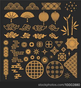Chinese new year elements. Golden asian traditional pattern, cloud and decorative flower. Oriental lantern, bamboo stem and fan vector set. Traditional decoration oriental, golden pattern illustration. Chinese new year elements. Golden asian traditional pattern, cloud and decorative flower. Oriental lanterns, bamboo stem and fan vector set