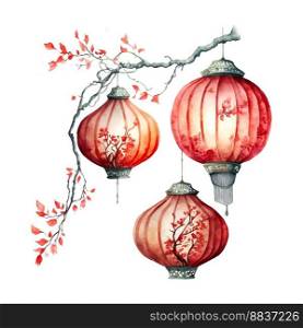 Chinese New Year festive vector card Design on watercolor background. Chinese New Year festive vector card Design on watercolor background Chinese red lanterns