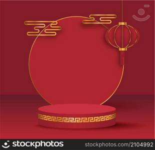 Chinese new year, Golden podium display mockup on red abstract background with paper lantern cloud chinese pattern for product minimal presentation, 3d rendering.