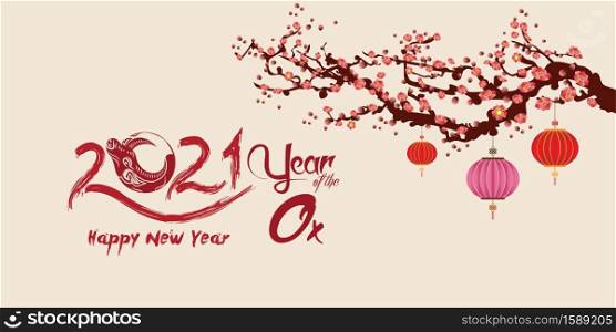Chinese New Year greeting card and poster 2021 (The Year of Ox) in paper cut and banner vector design