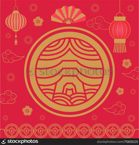 Chinese New Year Holiday celebration asia vector. Flower floral elements, decoration hand fan and lanterns made of paper, flora and origami design. 2019 Chinese New Year Holiday Celebration Asia