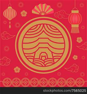 Chinese New Year Holiday celebration asia vector. Flower floral elements, decoration hand fan and lanterns made of paper, flora and origami design. 2019 Chinese New Year Holiday Celebration Asia