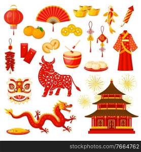Chinese New Year holiday celebration symbols set. Lucky and wealth amulets, fireworks, clothing and meals, Chinese zodiac calendar bull or ox animal, dragon and temple building vector icons. Chinese New Year holiday symbols vector icons set