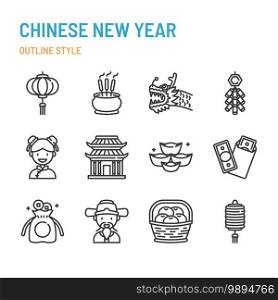 Chinese New Year in outline icon and symbol set