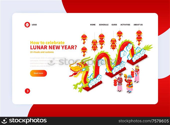 Chinese new year landing page with information about how to celebrate holiday isometric vector illustration