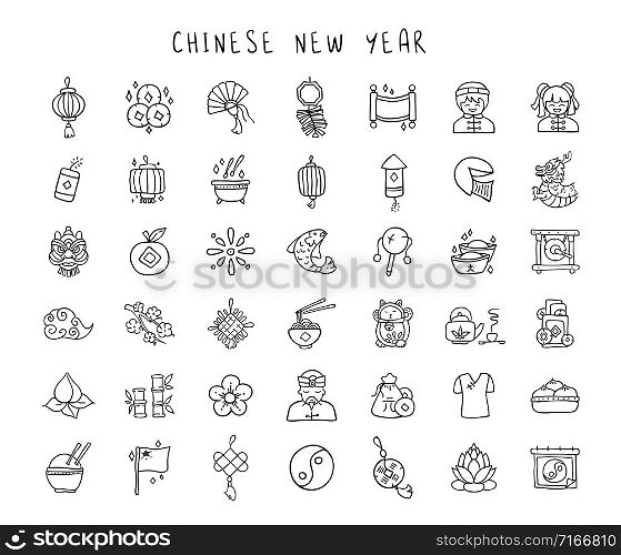 Chinese New Year line hand drawn icon set - black outline handmade icons or signs on traditional chinese holiday topic, lanterns, coins, dragons, flowers, lucky symbols and other decorations - vector. Chinese New Year line hand drawn icon set