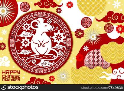 Chinese New Year Lunar horoscope rat vector design with red and white papercut pattern of plum flowers and clouds. Asian animal zodiac symbol of mouse greeting card with Spring Festival chrysanthemums. Zodiac rat or mouse animal, Chinese Lunar New Year