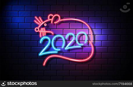 Chinese New Year neon sign, bright signboard, light banner. Chinese logo neon, emblem. 2020 Chinese.