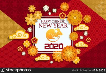 Chinese New Year papercut greeting card of Lunar zodiac rat or mouse animal horoscope symbol with plum and cherry blossom flowers, clouds and waves. Vector design of Asian Spring Festival celebration. Chinese New Year zodiac rat with papercut flowers