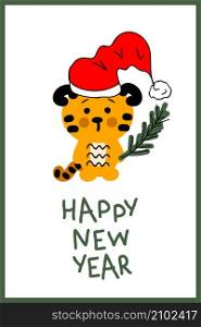 Chinese New Year postcard template with tiger in santa claus hat. Perfect for poster, greeting card and prints. Cartoon style vector graphics illustration for decor and design.