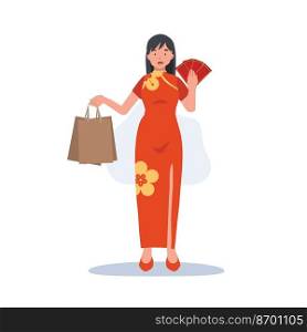 Chinese new year Promotion concept. woman holding money gift aka angpao and shopping bags. Flat vector cartoon character illustration.