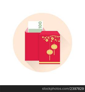 Chinese New Year red envelope flat icon. Vector illustration. Red packet with gold lanterns. Chinese new year design elements.. Chinese New Year red envelope flat icon.