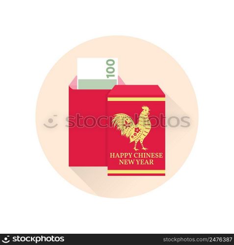 Chinese New Year red envelope flat icon. Vector illustration. Red packet with gold rooster.. Happy Chinese New Year