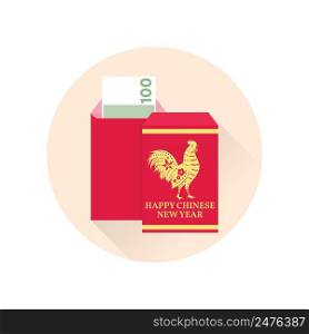 Chinese New Year red envelope flat icon. Vector illustration. Red packet with gold rooster.. Happy Chinese New Year