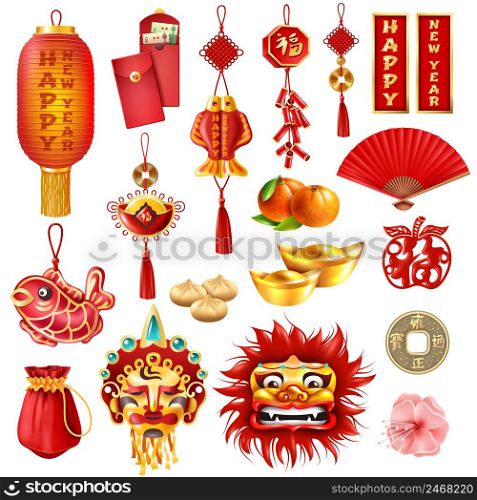 Chinese new year set of dragon mask oranges red envelopes bag of coins traditional dishes and plum flowers cartoon vector illustration. Chinese New Year Set