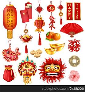 Chinese new year set of dragon mask oranges red envelopes bag of coins traditional dishes and plum flowers cartoon vector illustration. Chinese New Year Set