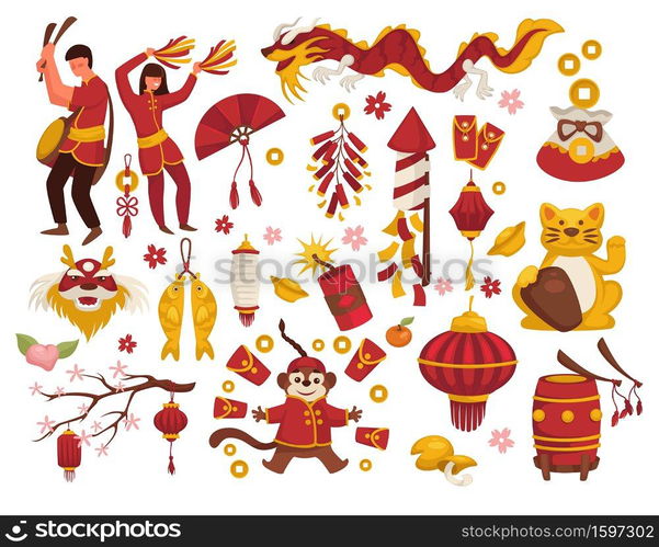 Chinese New Year symbols, asian man and woman, lantern and firecracker, isolated icons vector. Fan and maneki-neko cat, lucky coin and dragon. Drum and cookies with wishes, sakura and gold carps. New Year in China traditional symbols isolated icons