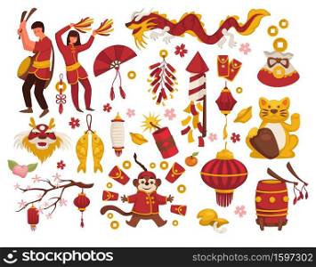 Chinese New Year symbols, asian man and woman, lantern and firecracker, isolated icons vector. Fan and maneki-neko cat, lucky coin and dragon. Drum and cookies with wishes, sakura and gold carps. New Year in China traditional symbols isolated icons