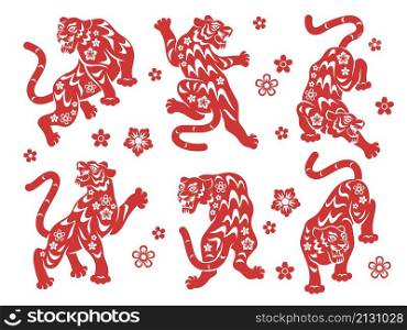 Chinese new year tiger. Asian horoscope animal, red decorative silhouettes in different poses, traditional oriental graphics symbols collection, holiday zodiac signs and flowers, vector isolated set. Chinese new year tiger. Asian horoscope animal, red decorative silhouettes in different poses, traditional graphics symbols collection, holiday zodiac signs and flowers, vector isolated set