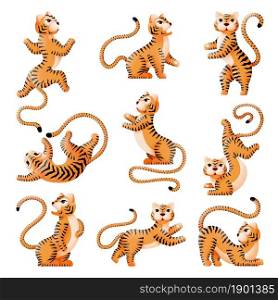 Chinese new year tiger. Cartoon tigers, asian festival symbols. Isolated wild cats, angry and cute animals. Exotic zoo, print or stickers vector set. Illustration tiger animal celebration new year. Chinese new year tiger. Cartoon tigers, asian festival symbols. Isolated wild cats, angry and cute animals. Exotic zoo, print or stickers swanky vector set