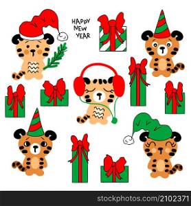 Chinese New Year tiger cubs collection. Set of five cute tigris kids, santa claus hats and gifts. Perfect for poster, greeting card, stickers and prints. Cartoon style vector illustration for decor and design.