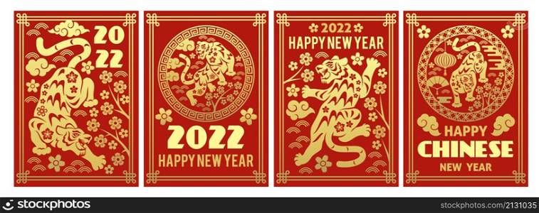 Chinese new year tiger posters. Traditional greeting cards, gold silhouette animals and flowers with ornament on red background, asian decorative graphics collection vector festive holiday banners set. Chinese new year tiger posters. Traditional greeting cards, gold silhouette animals and flowers with ornament on red background, asian decorative graphics, vector festive holiday banners set