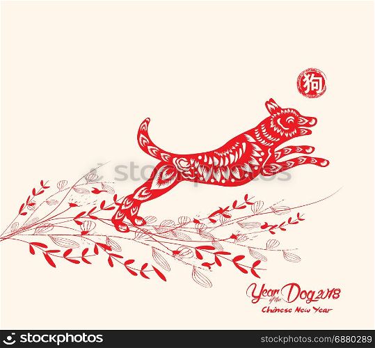 Chinese new year with dog in frame and floral. Year of the dog ( Chinese word mean dog )