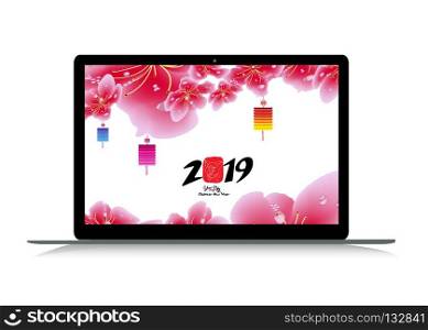 Chinese new year with sakura blossom on laptop. Year of the pig