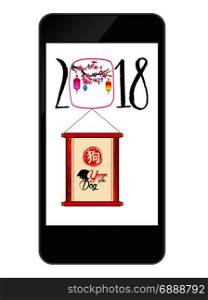 Chinese new year with sakura blossom on phone. Year of the dog (hieroglyph: Dog)