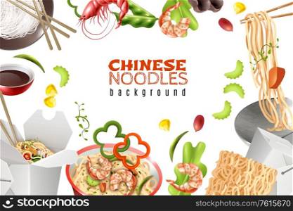 Chinese noodles dishes with shrimps paprika pea pods sauce realistic asian food white background frame vector illustration