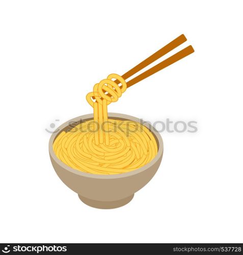 Chinese noodles icon in isometric 3d style isolated on white background. Chinese noodles in a bowl and chopsticks. Chinese noodles icon, isometric 3d style