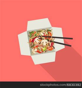 Chinese noodles in box.. Noodles with mushrooms in paper boxes. Fast food vector banner.