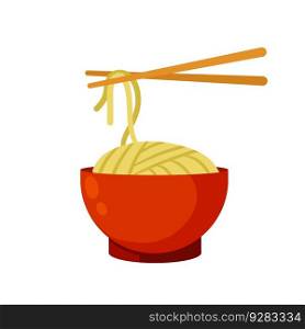 Chinese noodles in clay bowl. Oriental cuisine. Japanese Street fast food wok pasta. Chopsticks. Flat cartoon illustration isolated on white. Chinese noodles in clay bowl.